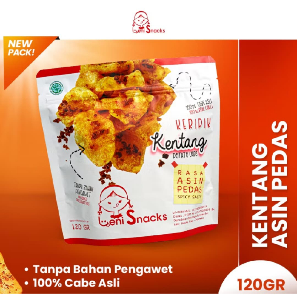 

Leni Snacks Keripik Kentang Asin Pedas Packaging Lama/Packaging Baru 120g/150g Cemilan Jadul Enak Garing Renyah Crispy Pedas Bubuk Gurih Original Halal