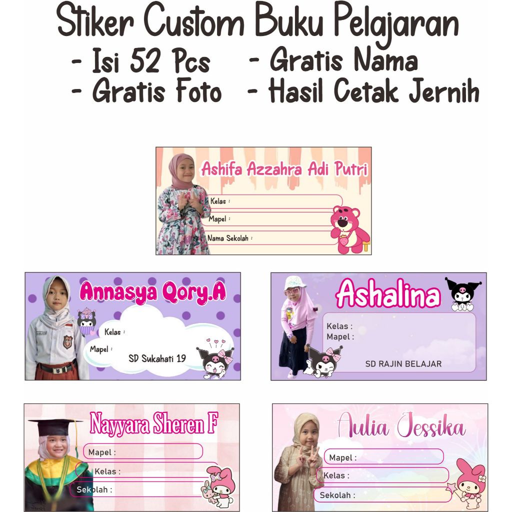 

(52 biji) Stiker Buku Sekolah Custom Foto dan Nama Sendiri Stiker Label Buku Sekolah Motif Kuromi dan Lotso Stiker Buku Sekolah Kuromi Stiker Buku Sekolah Lotso