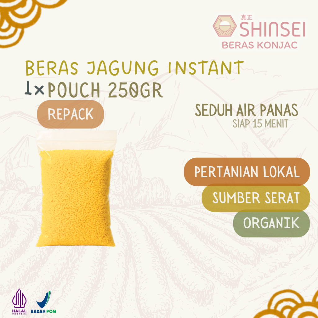 

SHINSEI Nasi Jagung Instan 250g | Organik | Beras Diet Sehat | Nasi Rendah Kalori | Beras Porang | Nasi Instan | Low GI