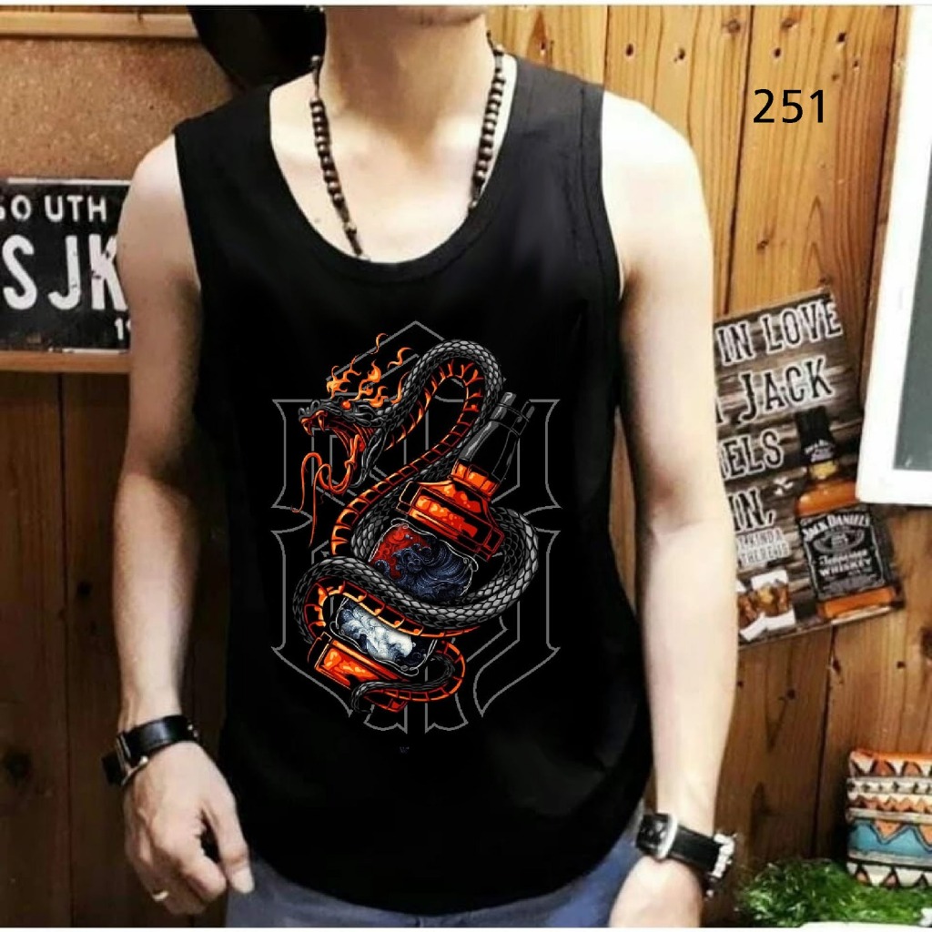 Singlet Pria Hitam Santai Motif Whiskey