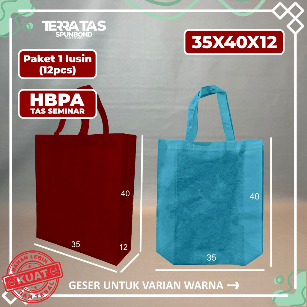 

Paket 1 Lusin 12pcs Tas Seminar 75 GSM 35x40x12 Goodie Bag Tas Belanja Spunbond HBPA