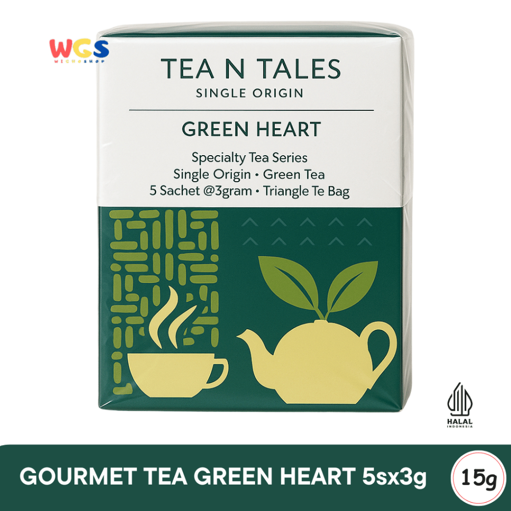 

Tea N Tales Gourmet Tea Green Heart 15gr (5x3gr) – Teh Segitiga Teh Hijau Single Origin Segar Tenang