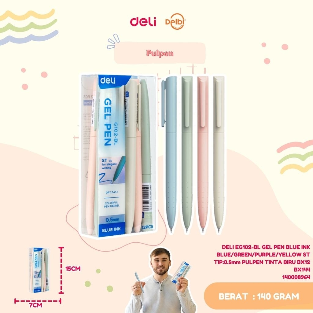 

DELI EG102-BL GEL PEN BLUE INK BLUE/GREEN/PURPLE/YELLOW ST TIP:0.5mm PULPEN TINTA BIRU BX12 BX144