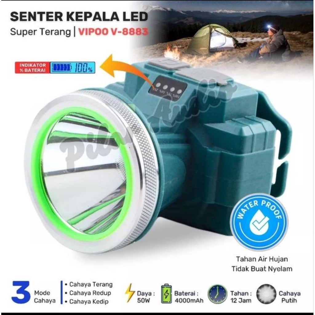 Senter Kepala  50 Watt Vipoo S-8883 Waterproof Cahaya Putih Tahan 12 Jam