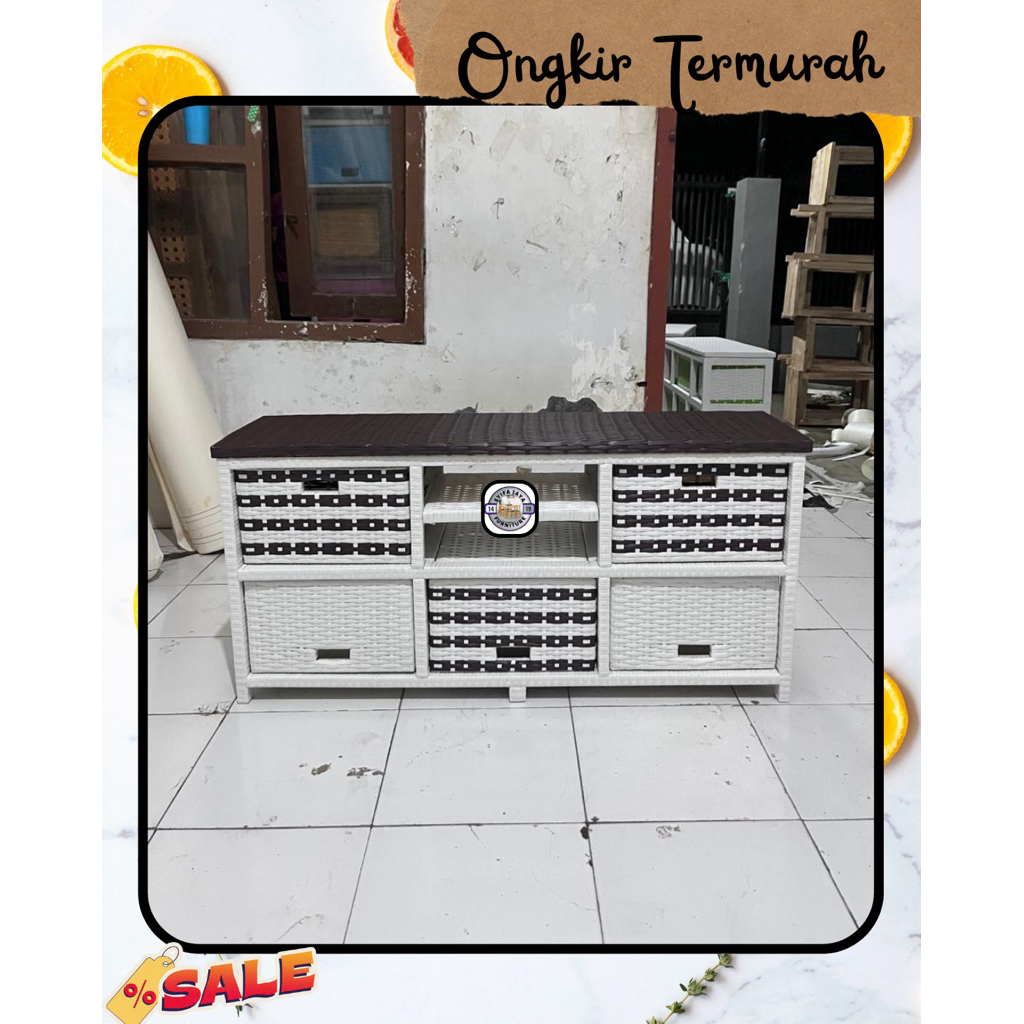 (Ready stok) Meja tv tabung minimalis modern 40inc rotan sintetis laci 6 dvd Motif Zebra