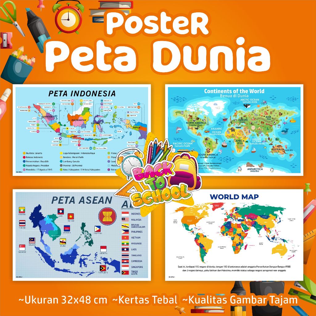 Poster belajar PETA - Poster edukasi anak belajar membaca peta dunia, peta indonesia, peta asean