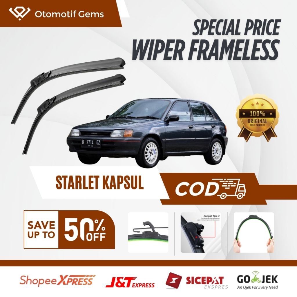 Wiper Frameless Mobil Starlet Kapsul Halus Anti Suara Sepasang Isi 2 Pcs Kanan Kiri | Wiper Kaca Mob