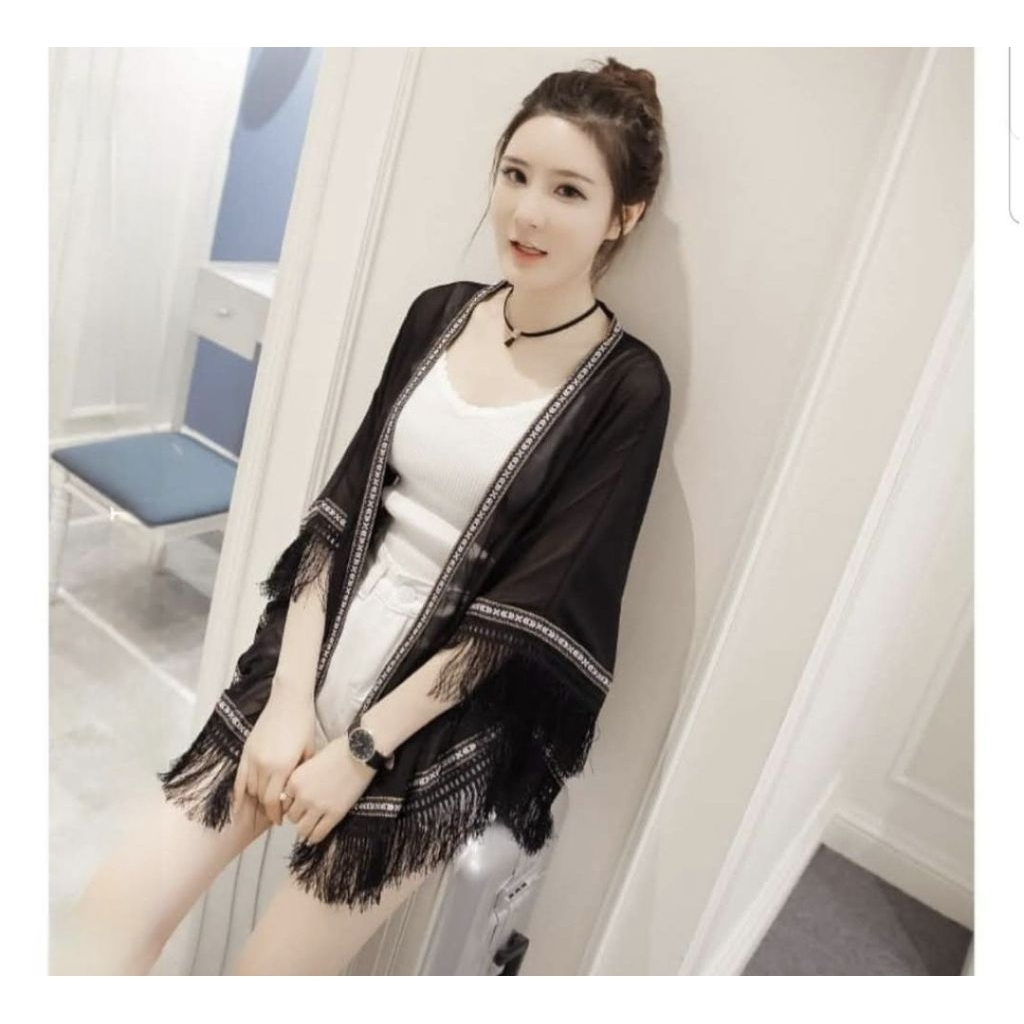 Outer rawis/Cardigan Rumbai/Coverup outfit pantai/Kimono outfit hijab