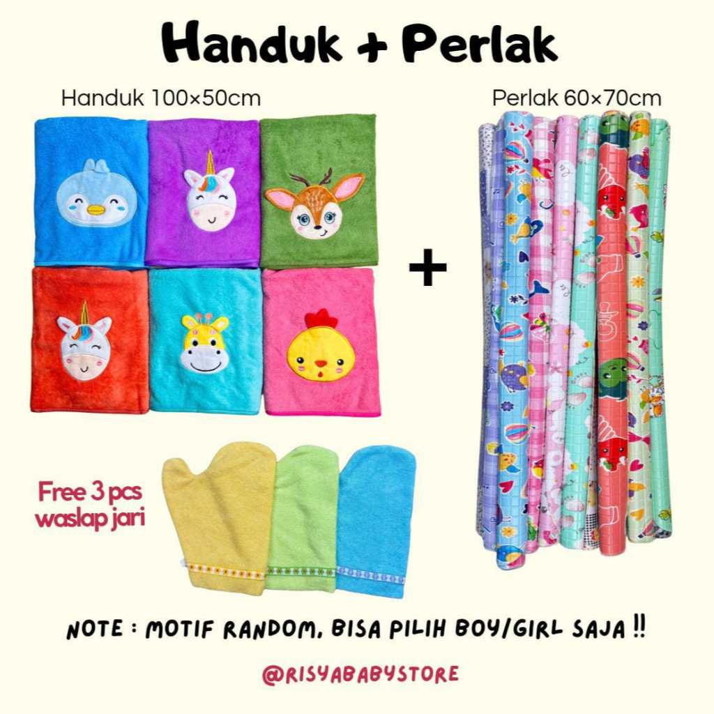 Risyababy Set Hemat Perlak Bayi Handuk Bayi Mikrofiber Free Waslap 3Pcs Set Kado Newborn