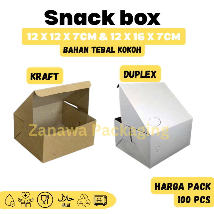 

Snack Box Tebal 12x12 / 12x14 / 12x16 Dus Kue Duplex Putih Kraft Coklat - Per Pack isi 100 Pcs