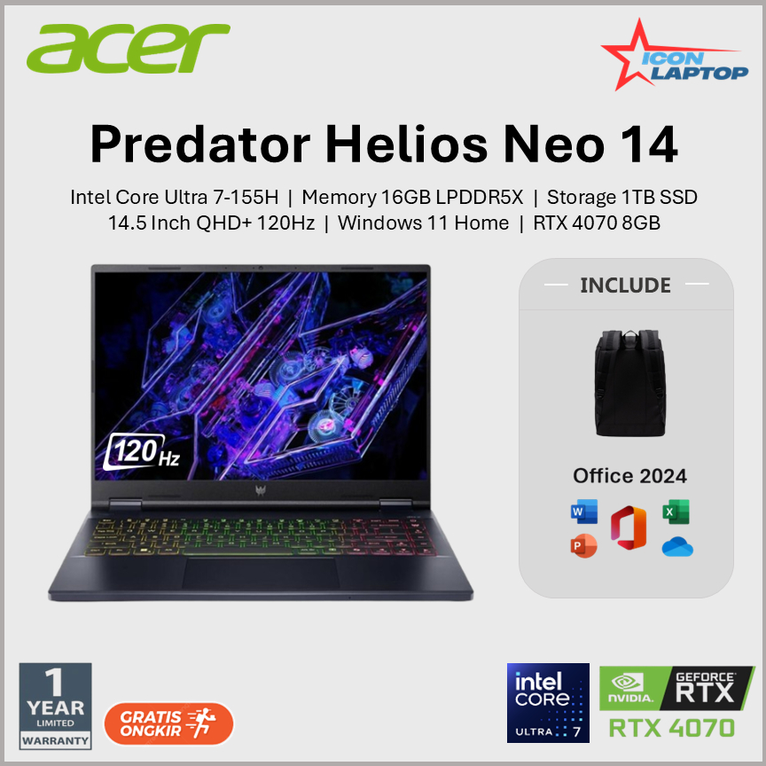 Acer Predator Helios Neo 14 PHN41 Ultra 7-155H RTX 4070 RAM 16GB 1TB SSD 14.5" QHD+ 120Hz Win 11