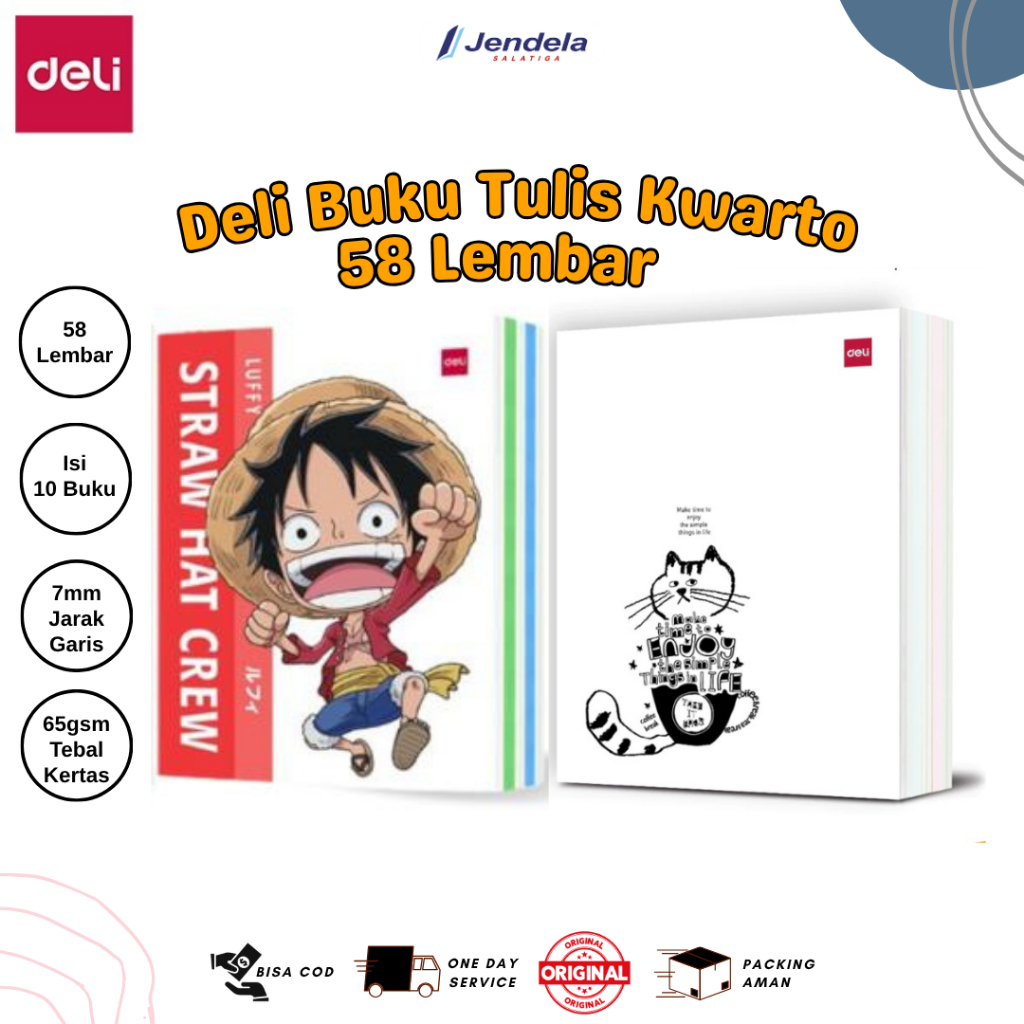 

(Isi 10) Buku Tulis Sekolah Isi 58 Lembar Deli One Piece & Kartun / Buku Tulis 58 Deli & Meow - ATK