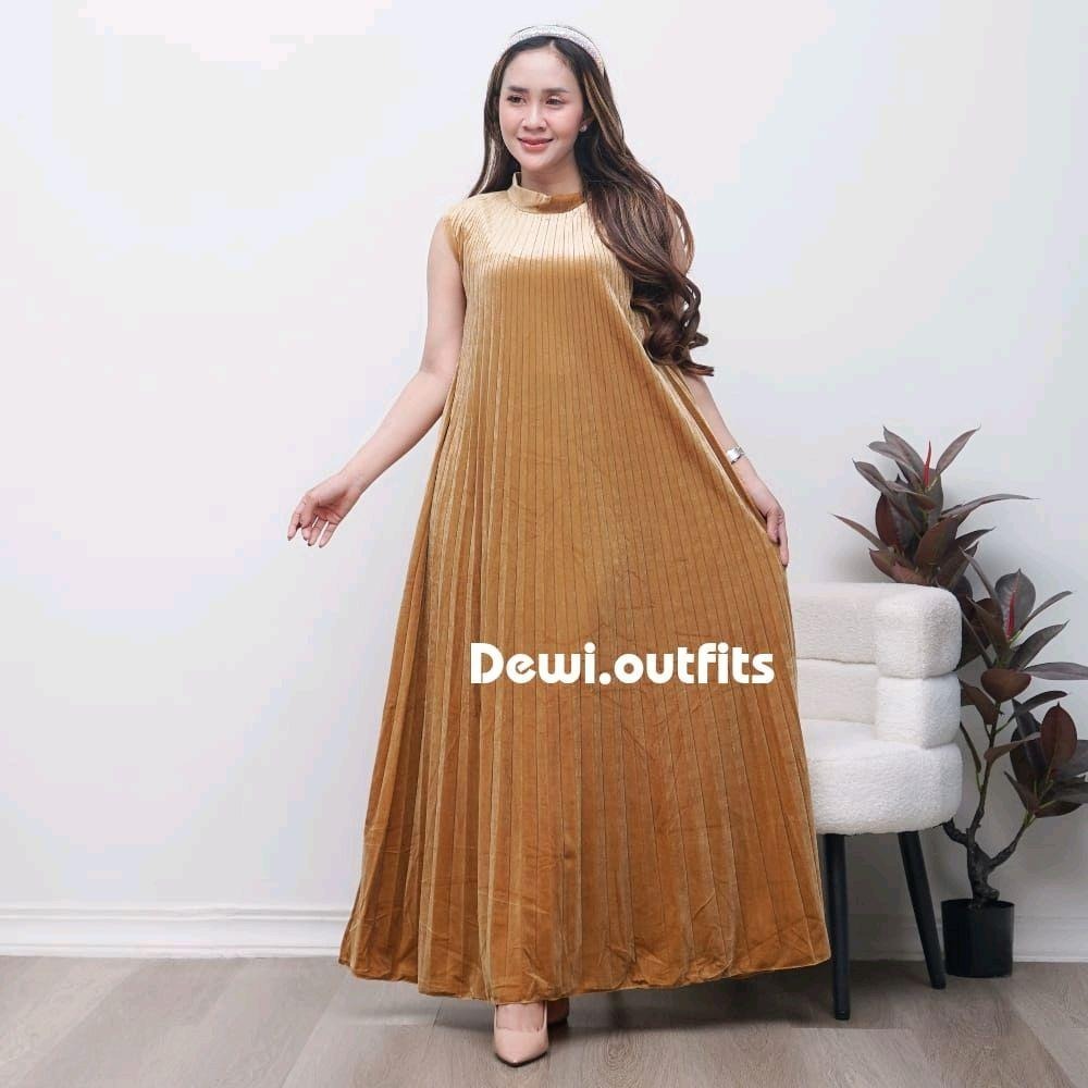 Dress Inner Plisket Bludru Import Premium  Panjang Kondangan Tanpa Lengan
