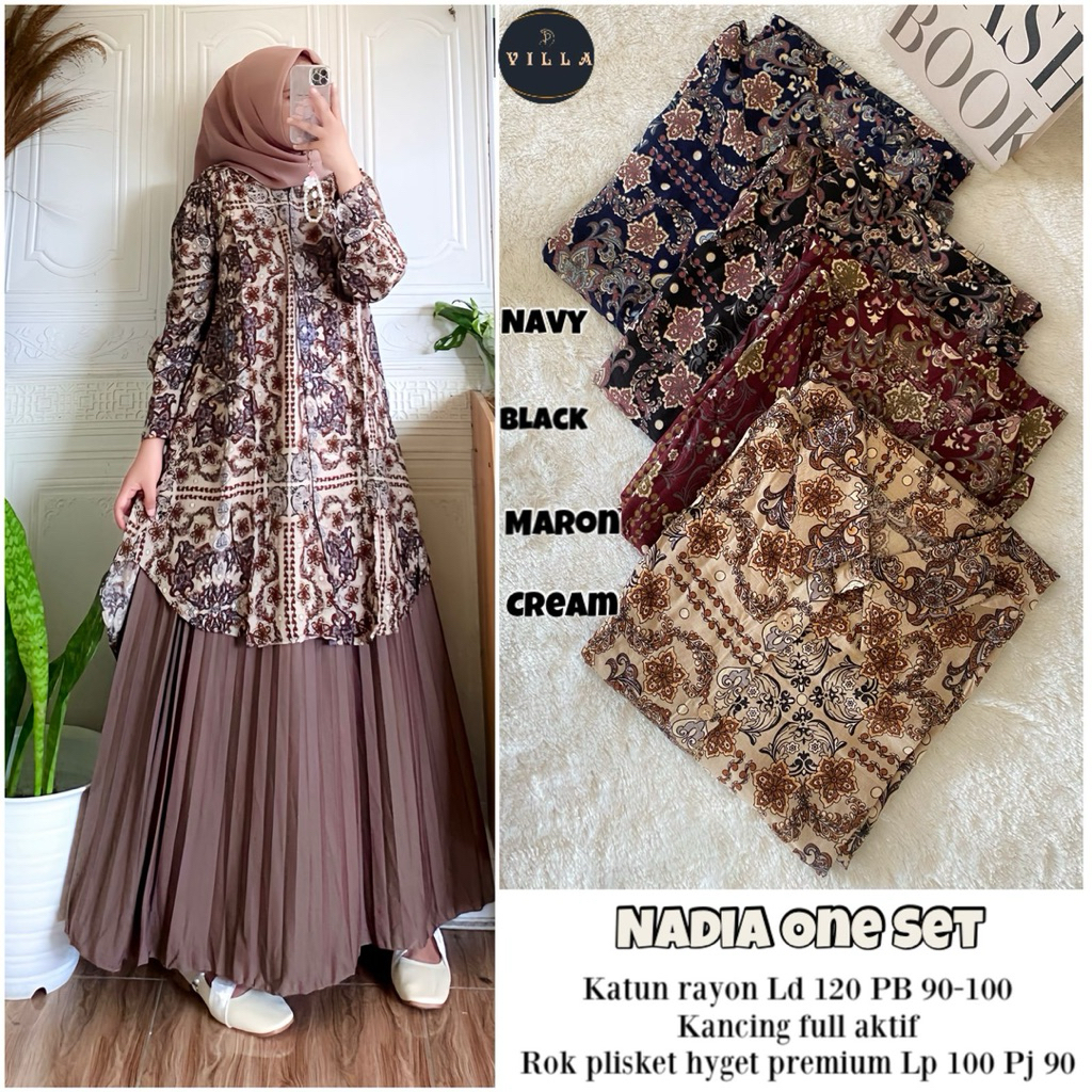 COD= NO CANCEL• Nadia One Set by Villa• Setelan Rok Plisket Polos Tunik Rayon Motif Etnik Best Selle