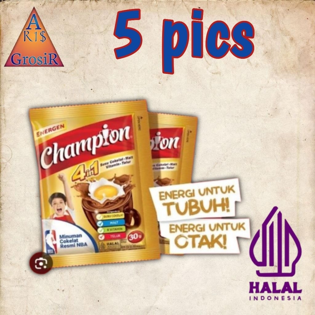

champion susu coklat 5 sachet, energen champion, champion, champion 1 saset, champion 5 pics, champion murah, cahmpion sangat murah
