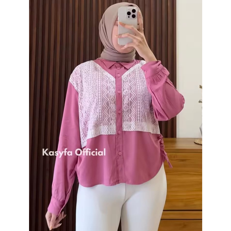 setelan baju kemeja bahan cringcle mix brokat celana scuba cutbray wanita 2025