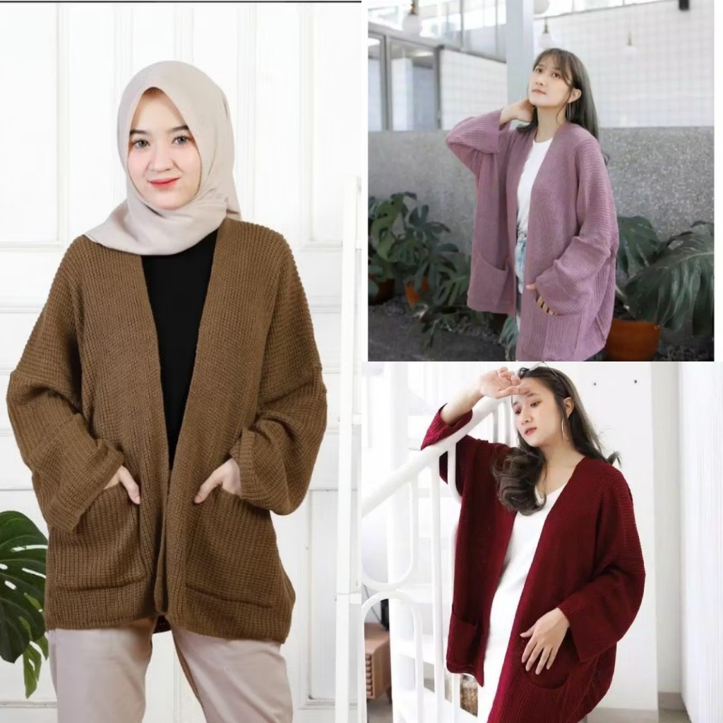 Baju Atasan Cardigan Outer Outfit Rajut Polos Basic Hitam Maroon Burgundy Denim Elegan Tanpa Kancing