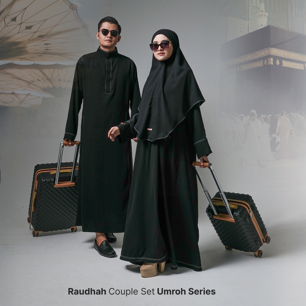Zayra Hijab | Raudhah - Set Couple Umroh Abaya Gamis Wanita Jubah Hitam Pria Thobe Premium Terbaru