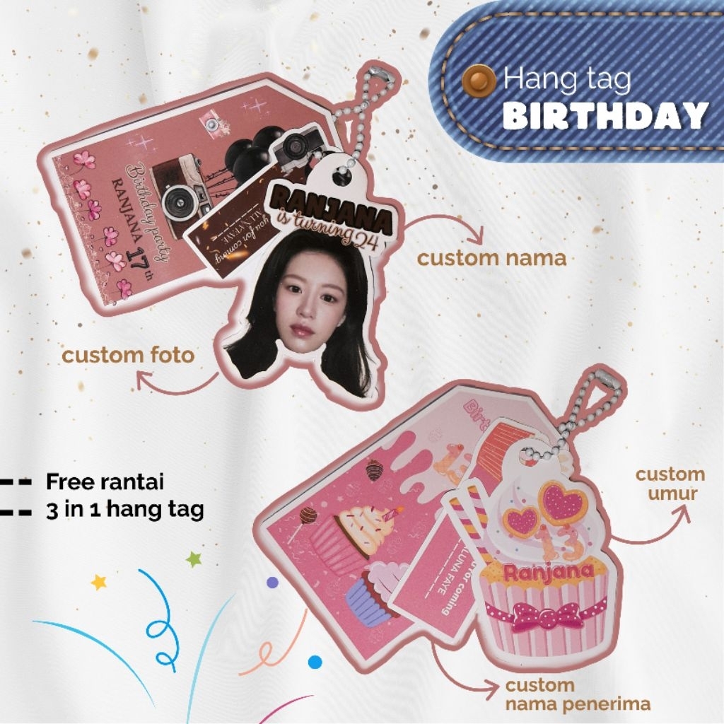 

Hang Tag Ulang Tahun 3in1 Custom – Tag Souvenir | Label Birthday Anak | Kpop Foto Teks | Tag Hampers Ulang Tahun Murah Lucu Unik