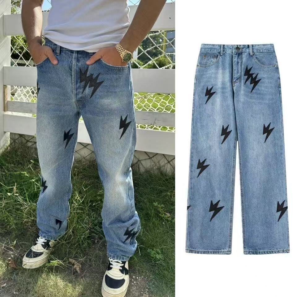 (Tersedia) 2025 Musim Panas Gaya Amerika Kulit Petir Sapi Bordir Dicuci Biru Lurus Jeans Pria dan Wa