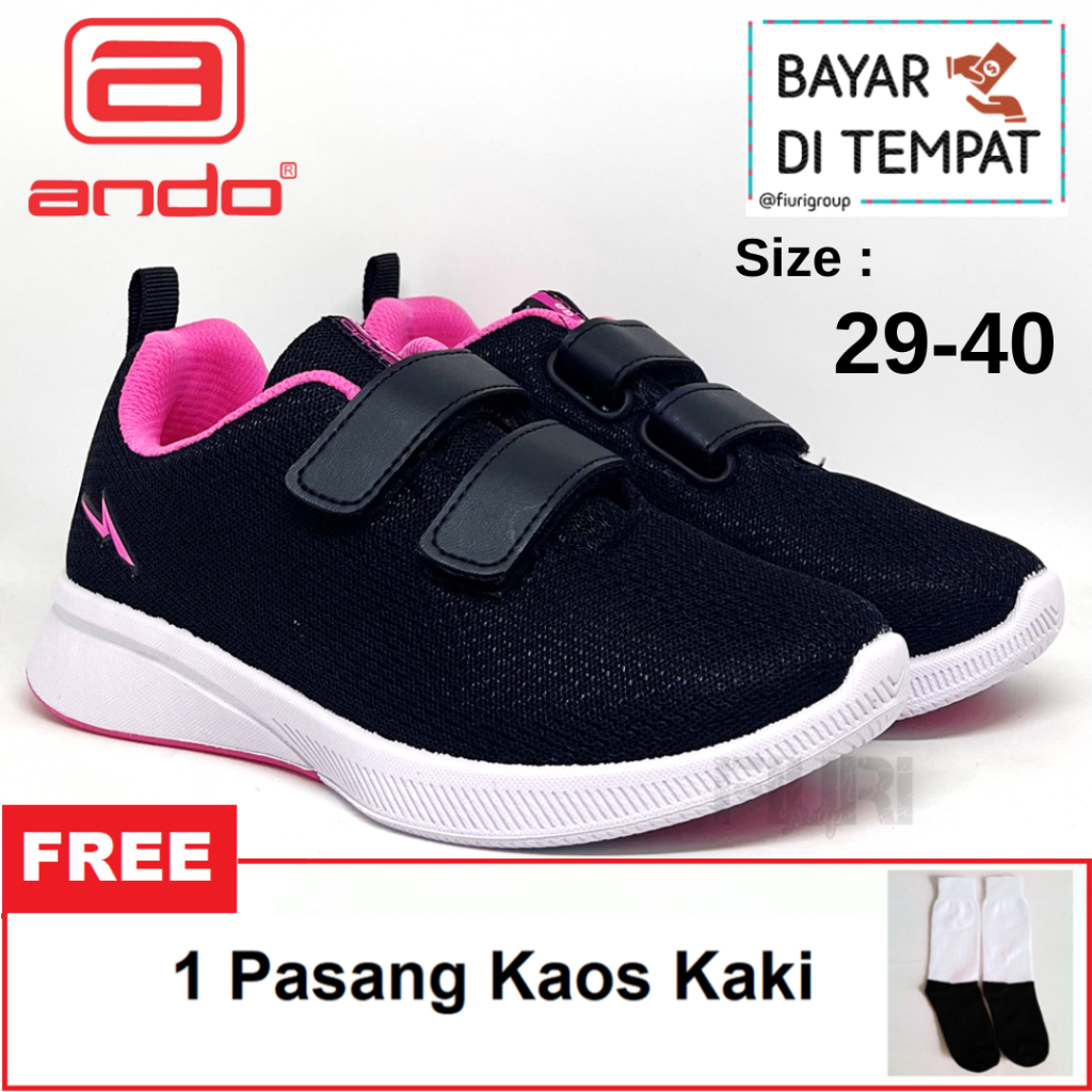 FIURI - ANDO ORIGINAL -  EMILIA PEREKAT 29-38 HITAM PINK - SEPATU SNEAKERS KANVAS SOL KARET ANAK KEC