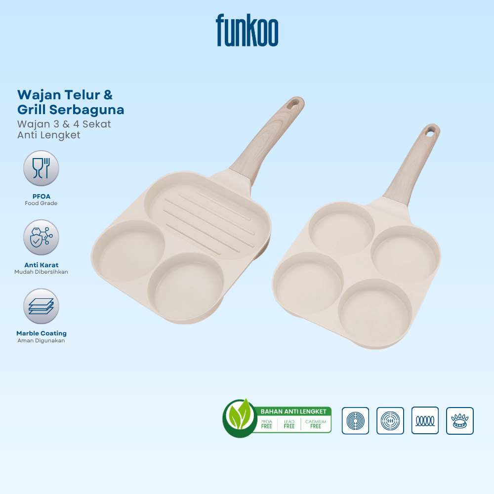 Funkoo Wajan Peggorengan 3 Sekat & 4 Sekat Anti Lengket Wajan Penggorengan Telur Pancake Omlet