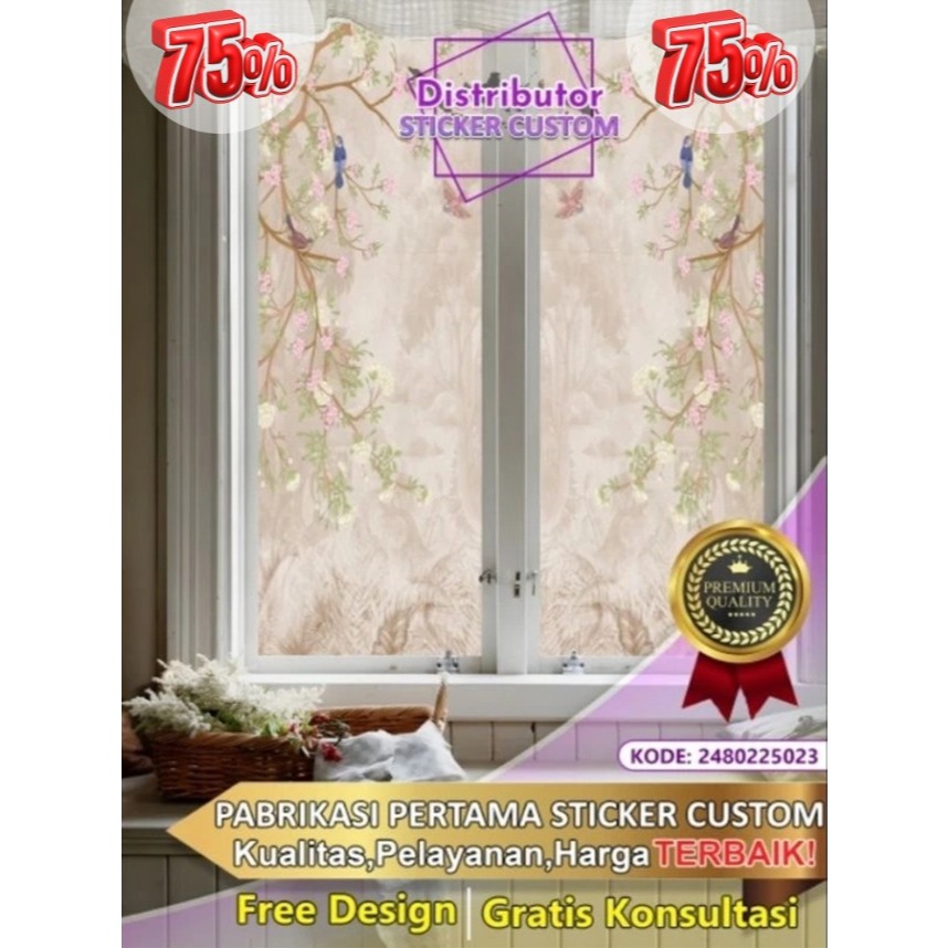 Sticker  Custom 3D Tema Chinoiserie | Stiker Kaca Kantor | Stiker Kaca | Sticker Kaca Pintu | Sticke
