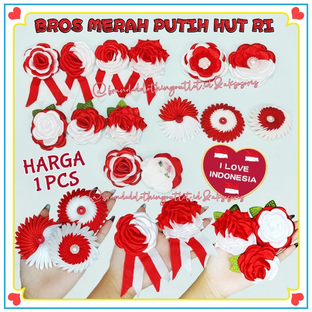 (1PCS) BROS BUNGA MERAH PUTIH HUT RI 17 AGUSTUS / BROS KERMERDEKAAN INDONESIA / BROS DAGU MERAH PUTI