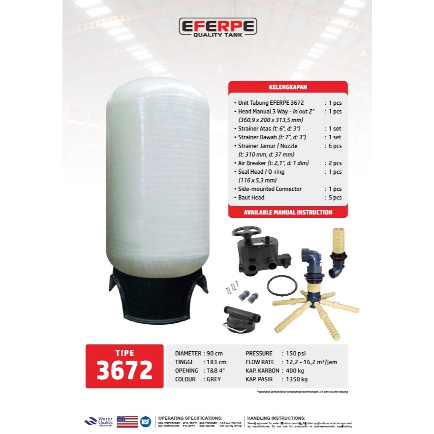 Tabung FRP 3672 TOP & BOTTOM 4" Untuk Filter Air Industri / Tabung Filter Air FRP 3672