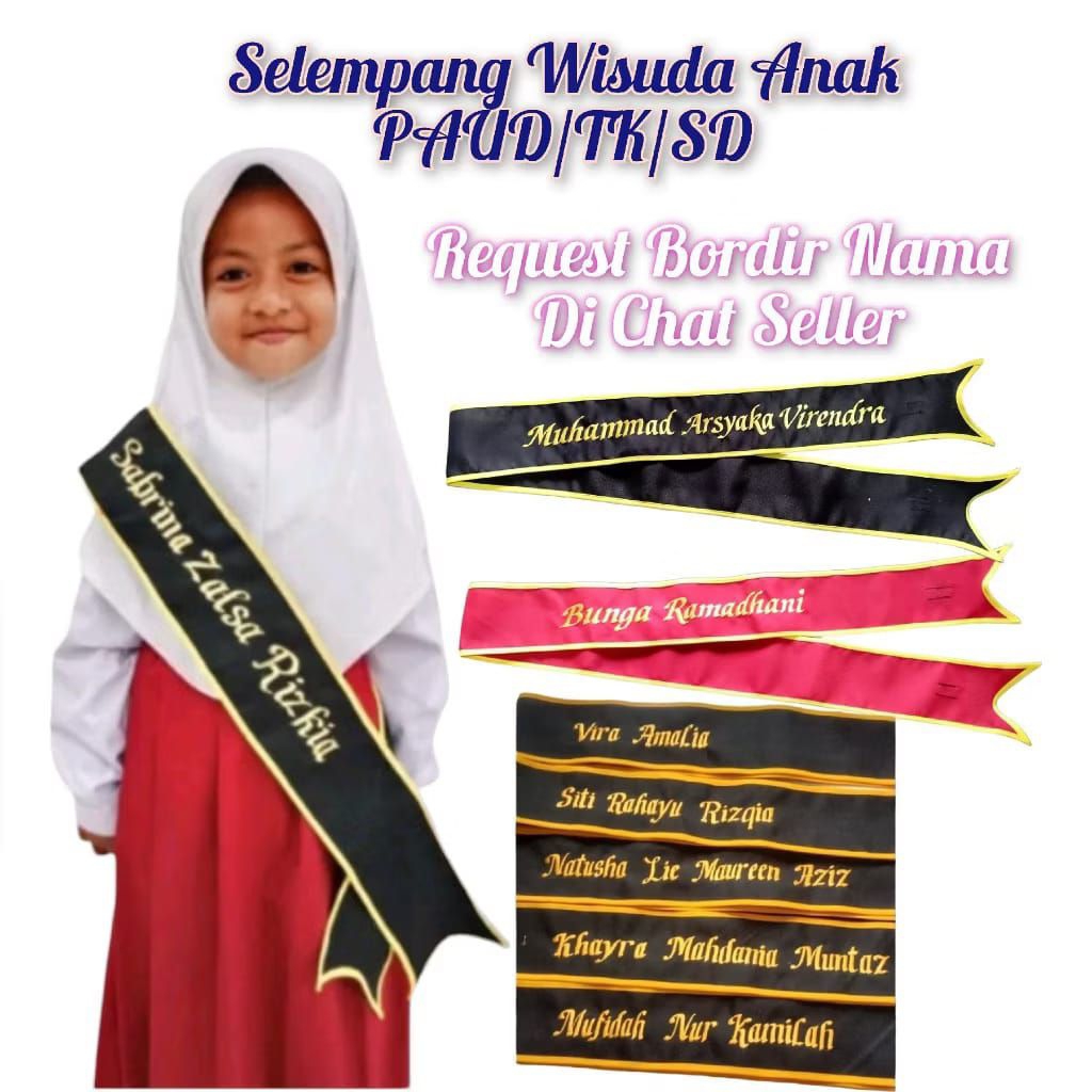 (1HARI JADI) SELEMPANG WISUDA UKURAN PAUD, TK, SD, SMP KOSTUM BORDIR/TULISAN SUKA-SUKA BAHAN BLUDRU 