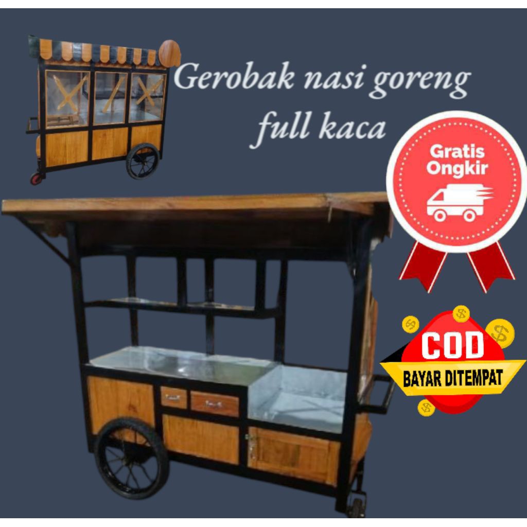 gerobak nasi goreng full kaca roda tiga