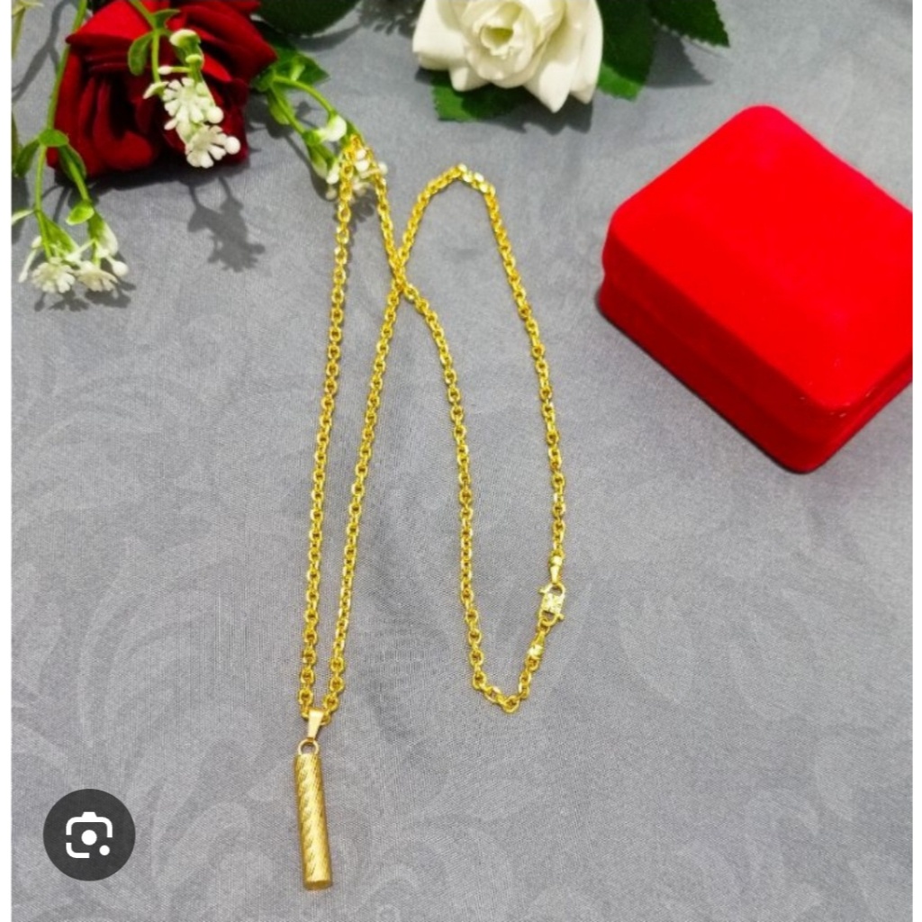 Kalung Titanium  wanita Model Rantai Nori Liontin Tabung Ukiran Lapis Emas Perhiasananti Luntur