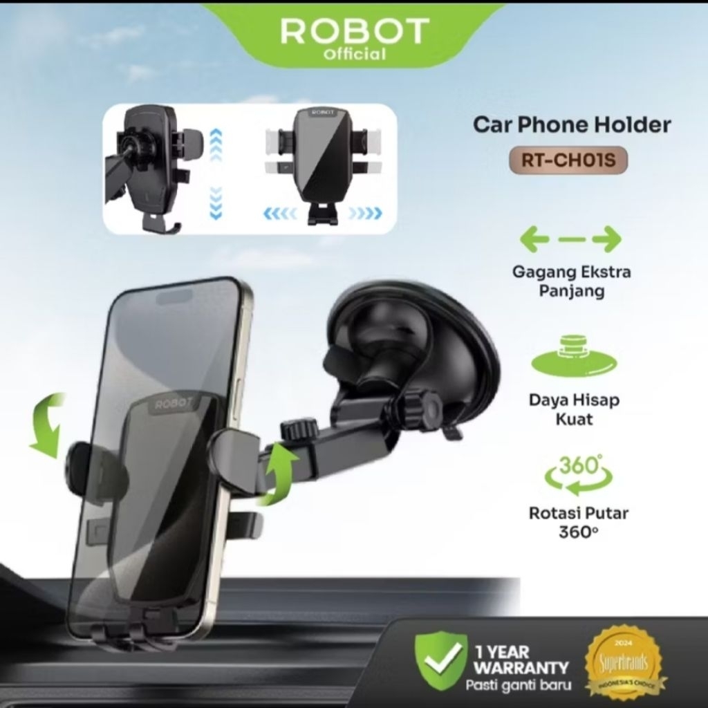ROBOT RT-CH01S Car Holder Rotation 360 Degree Holder HP Mobil Android/iPhone - Original Robot