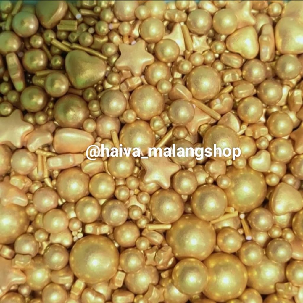 

Bintang Hati Emas / Sprinkle Mix Gold 2 / Hiasan Cup Cake / Tirmit / Kue Tart /Mutiara bisa dimakan