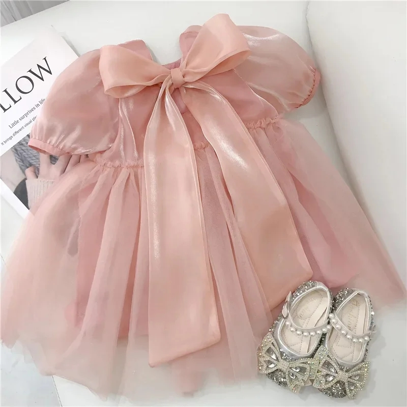 Midi Dress Anak Tali Pita Belakang Lengan Pendek balon Puff Organza Polos Usia 2 – 12 Tahun