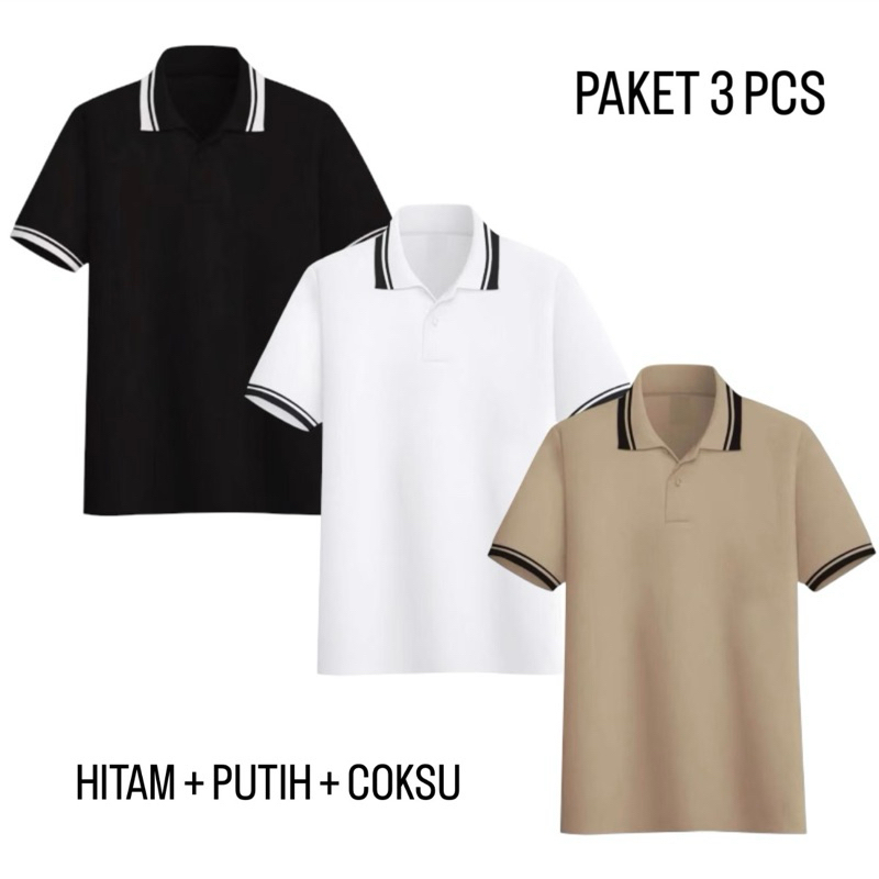 PAKET 3 PCS KAOS POLO SHIRT POLOS HITAM PUTIH KERAH STRIPE COWOK / KAOS POLO STRIPE LIST WANITA / KA