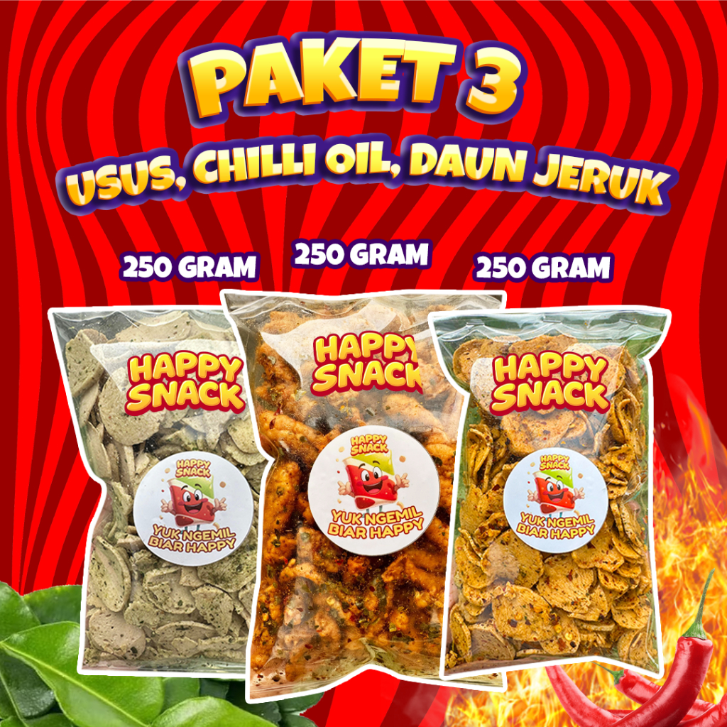 

PAKET HEMAT 3PCS 250GRAM USUS CHILI OIL + BASRENG DAUN JERUK + BASRENG CHILI OIL HAPPY SNACK CEMILAN ASIN MANIS PEDAS GURIH