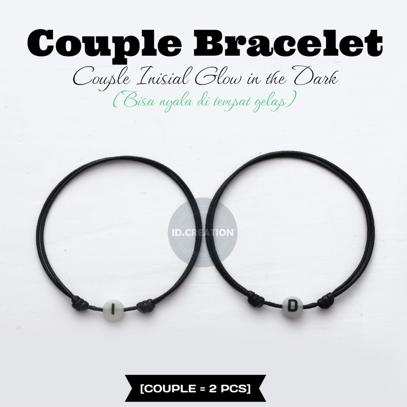 Gelang Couple Inisial Huruf Glow In The Dark [2Pcs] Simple Aesthetic Bisa Nyala di Tempat Gelap Tali