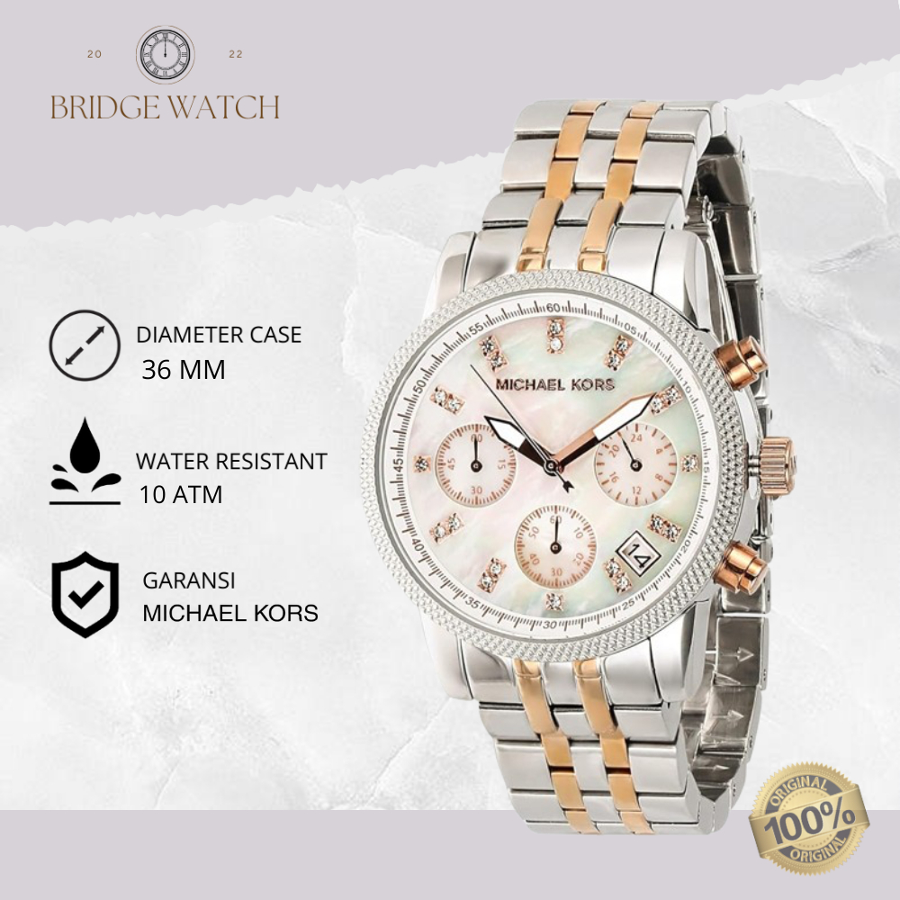 Jam Tangan Wanita Michael Kors Runway MK5525 Original Analog Chronograph Silver Gold Stainless Steel