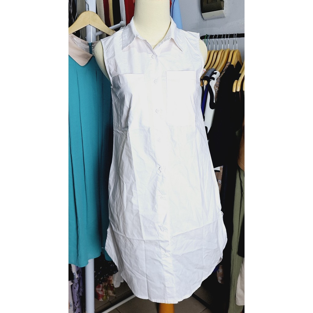 Dress Gaun Kemeja Midi Putih Polos Tanpa Lengan