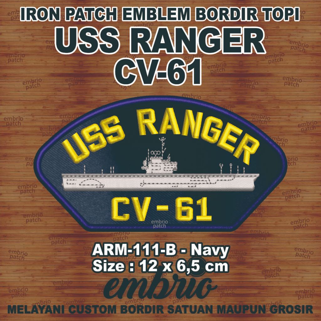ARM-111-B Patch USS RANGER CV-61 USN Emblem Topi US Navy Kapal Induk Amerika - Navy - 12x6,5cm - Emb