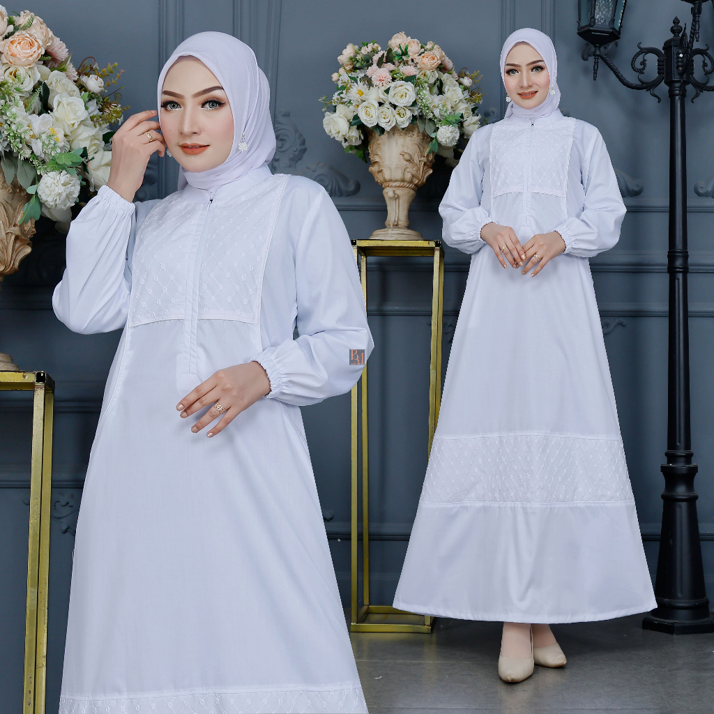 Biyai - Mardia Gamis Wanita Muslim Putih Elegan Kombinasi Bordir Katun Toyobo Premium