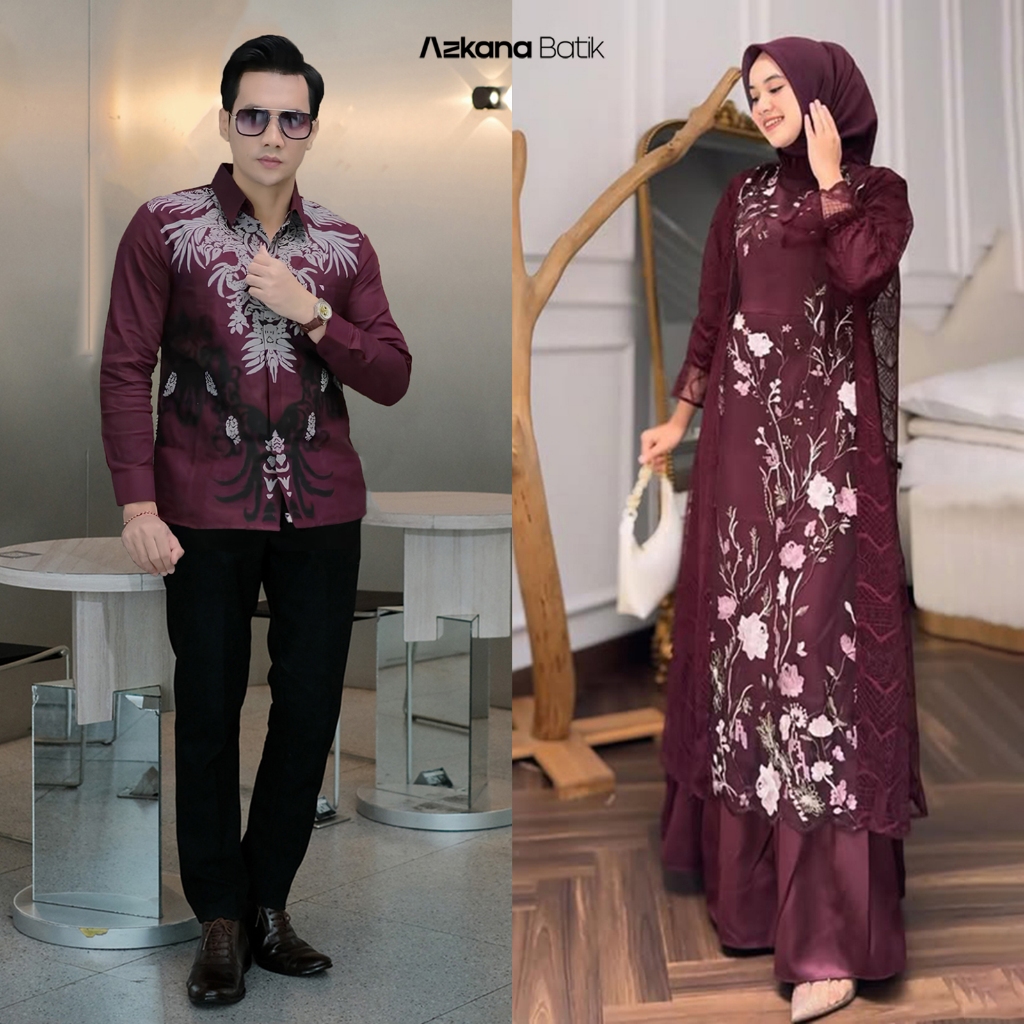 Baju Couple Gamis Brukat Kemeja Batik Pria Lengan Panjang Slimfit Katun Halus Premium Couple
