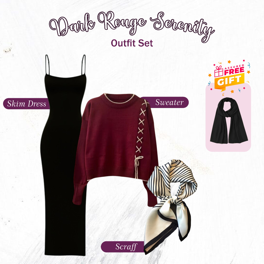 One Set Skim Dress Hitam Fashion Wanita Stylish ( Ruri Sweater Rajut, Scraff ) FREE GIFT EKSKLUSIF