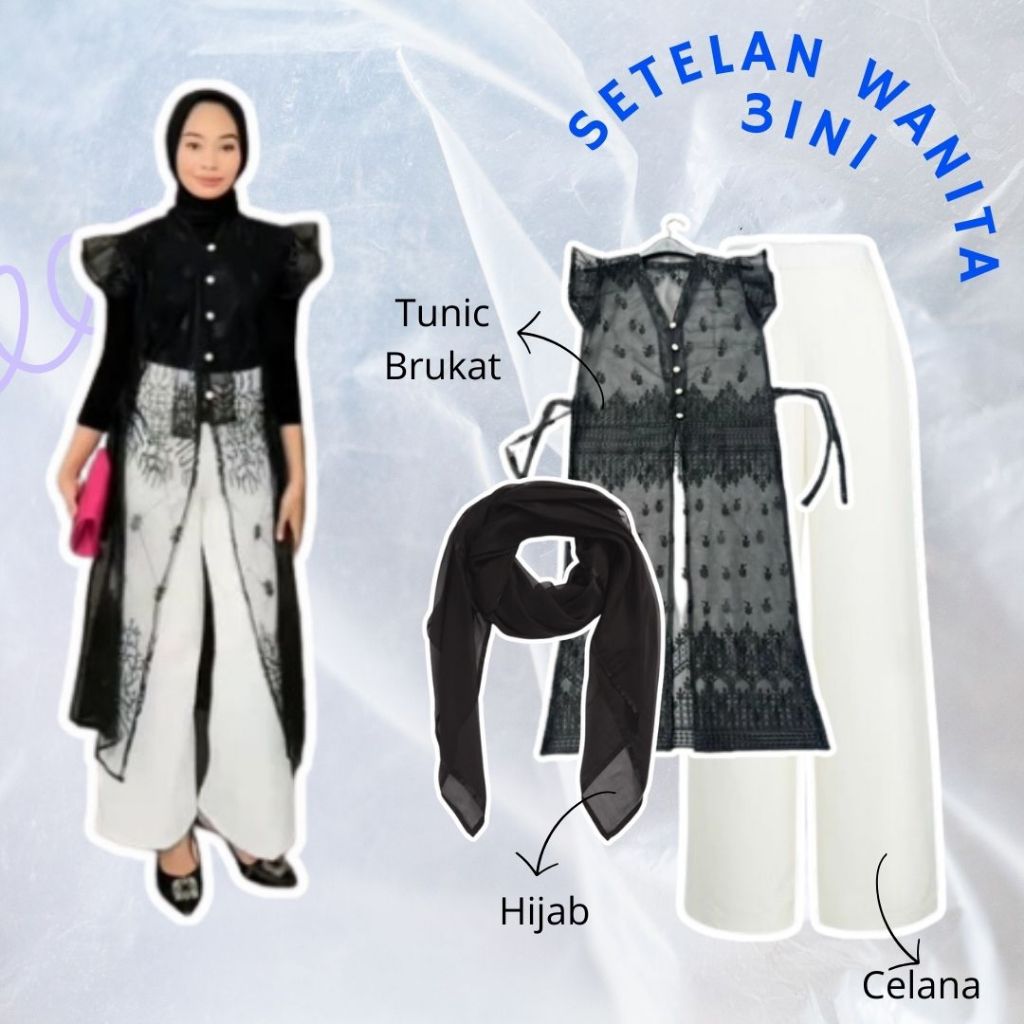 Setelan Wanita Outer Brukat Sapto / Oneset Outer Tunik Brukat +Celana Scuba +Hijab Kondangan