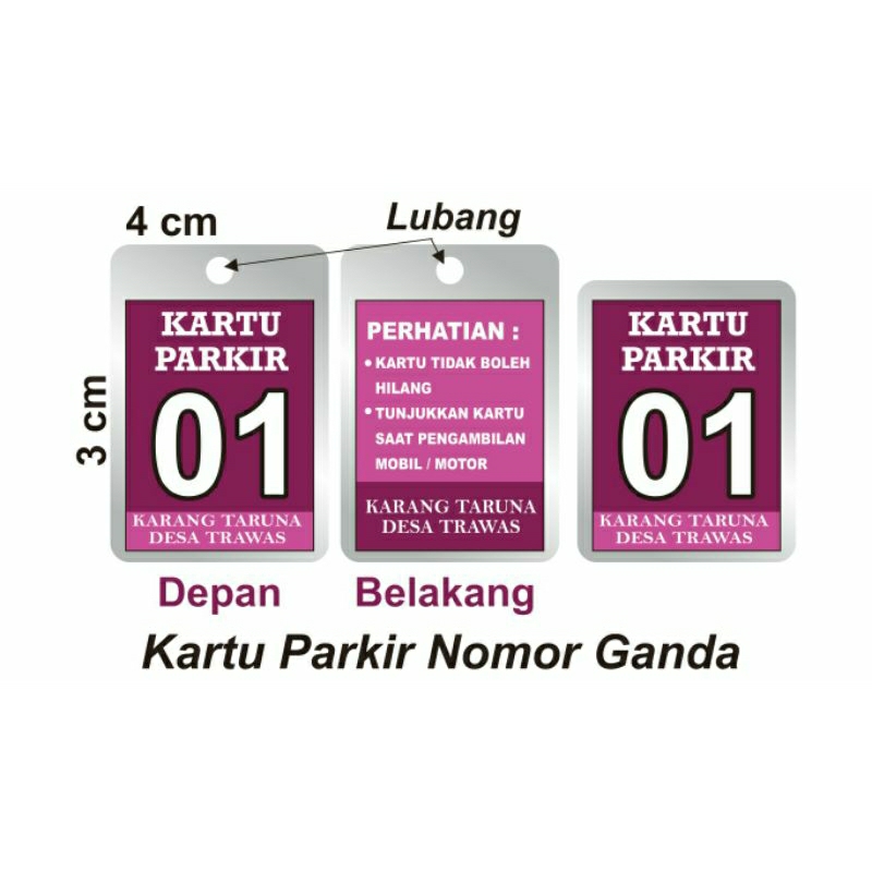

Kartu Parkir ukuran 3 cm x 4 cm nomor ganda 1-100 . Di lapisi plastik laminating anti air