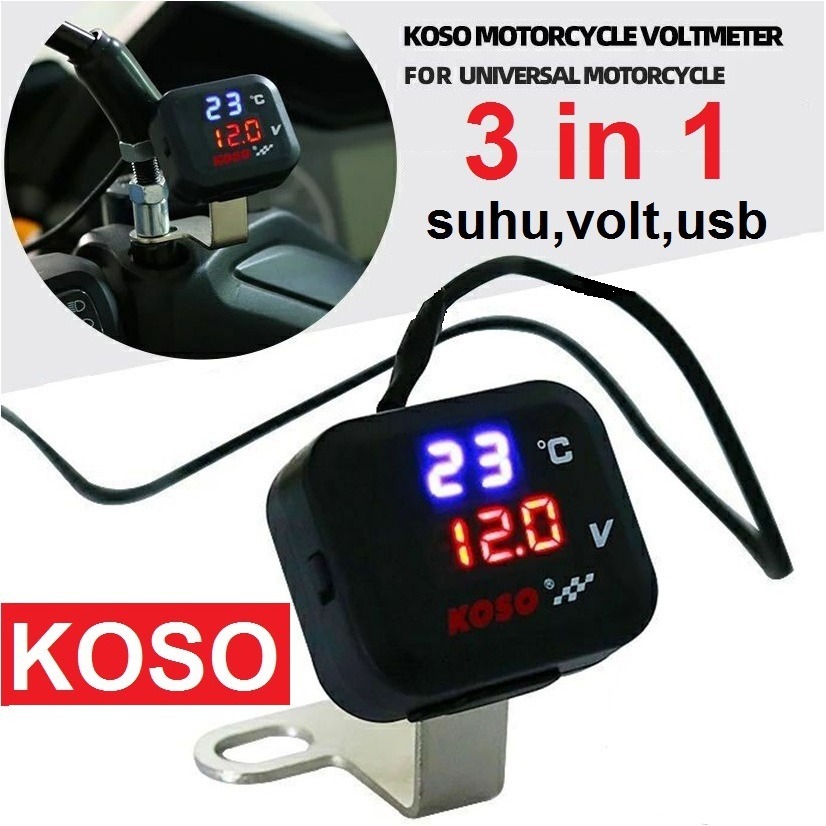 Koso Voltmeter 3in1 Pengukur Alat Ukur Tegangan Aki Suhu Digital Jam dengan USB Charger 12V 24V Wate