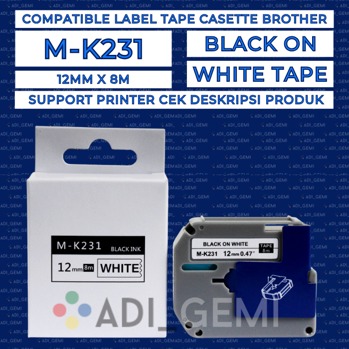 

Compatible TAPE Cartridge BROTHER M-K231 BLACK ON WHITE 12MMx8M