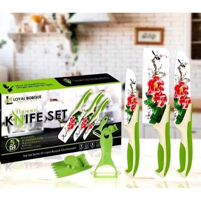 Pisau Set Motif Bunga - Knife set Flower 5 pcs - Pisau Dapur