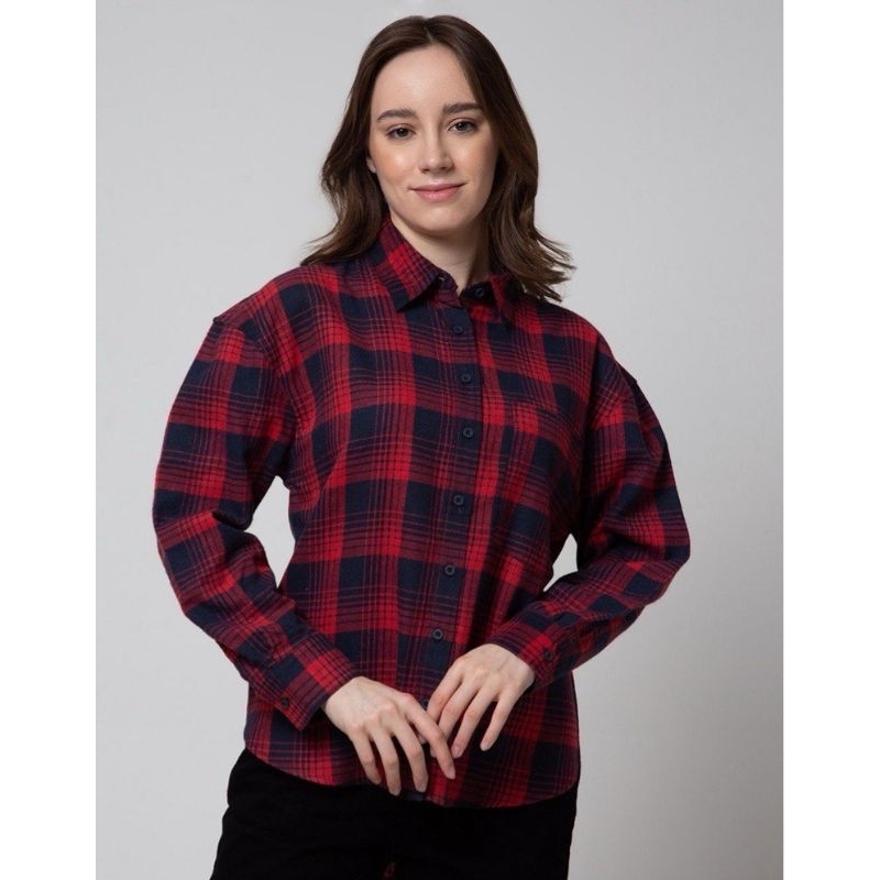 Kemeja Nevada oversize long sleeves Merah hitam kotak kotak